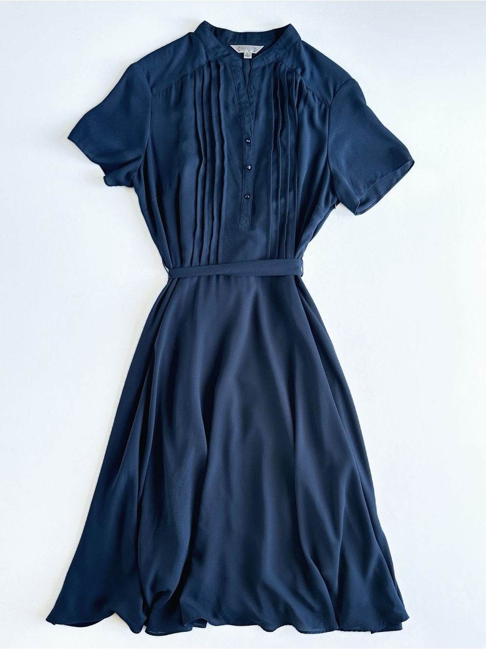 Nannette Removable Lined Navy Blue Pleated Midi Dress Tie Belt Short Sleeve